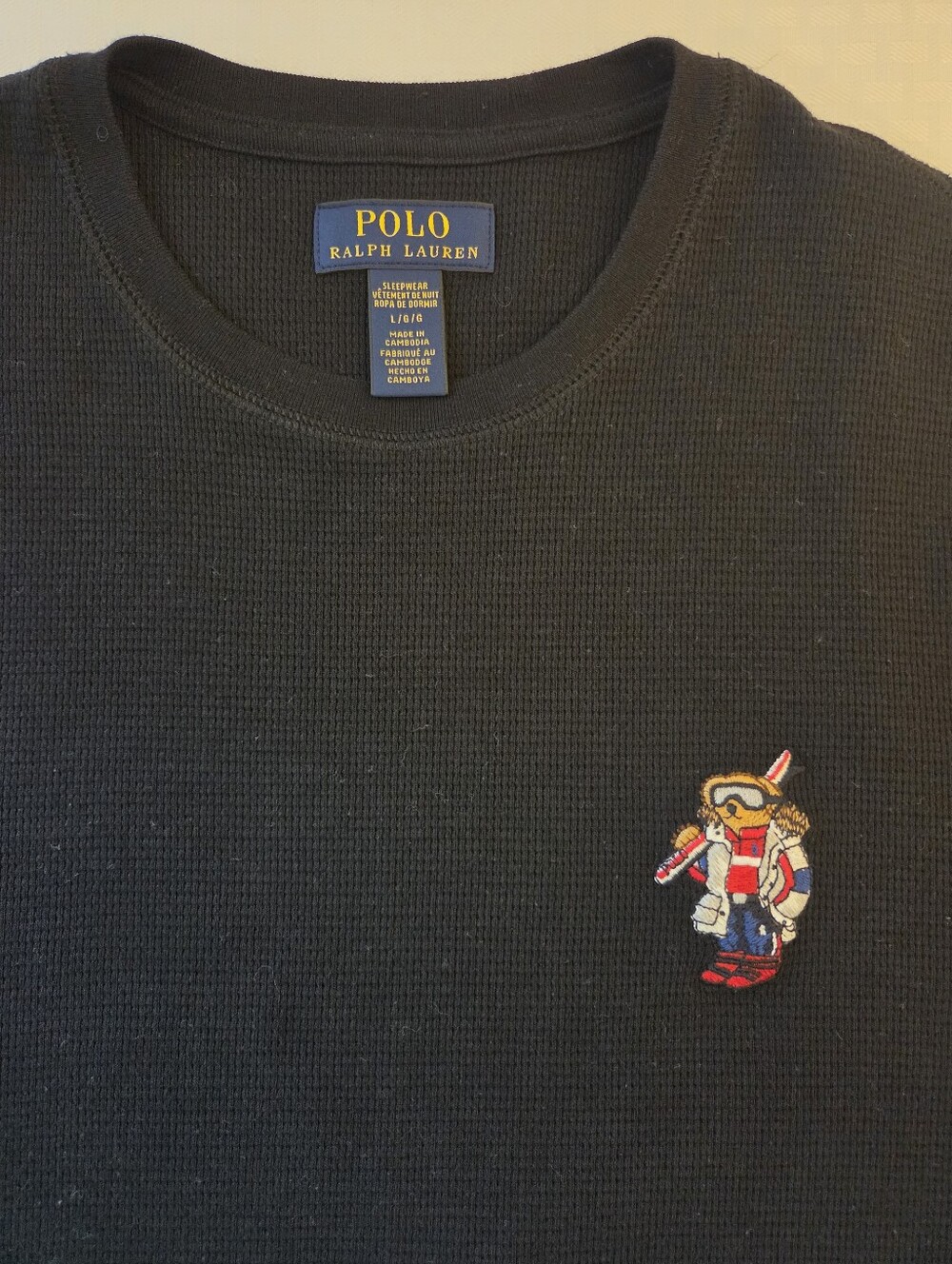 Ralph Lauren men's Sleepwear Shirt Ski Bear Navy Thermal Waffle Knit Sz L Cotton